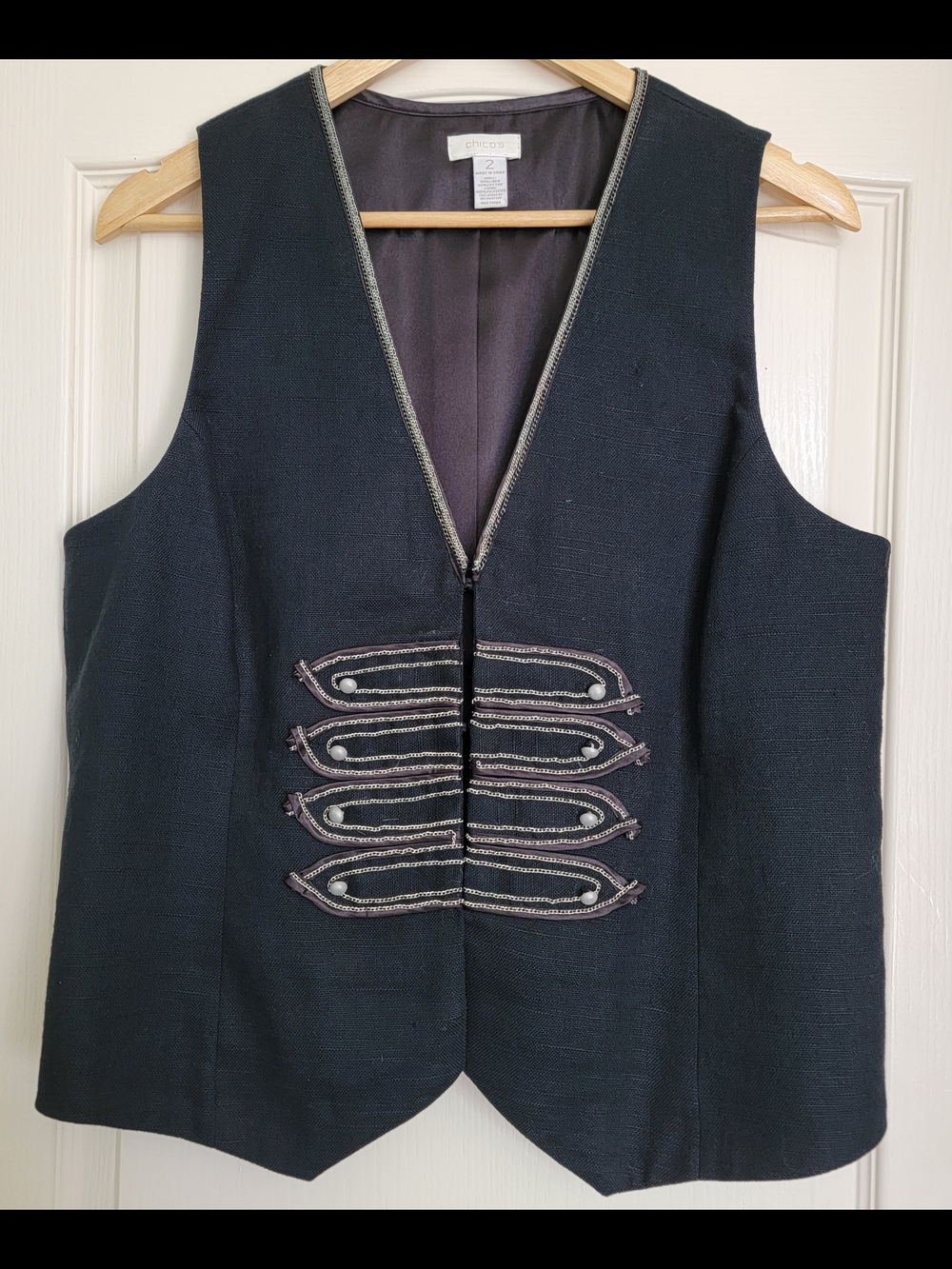 Chico's Black Linen Blend Napoleon Sleeveless Vest Decorative Trim Size 2